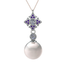Teimei İnci Kolye - Inci, pırlanta ve ametist 14 ayar beyaz altın kolye (0.22 karat, 40 cm rose altın rolo zincir) #12r2goc