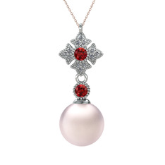 Pembe inci, garnet ve pırlanta 8 ayar beyaz altın kolye (0.1056 karat, 40 cm gümüş rolo zincir)