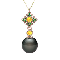 Teimei İnci Kolye - Siyah inci, sitrin ve yeşil kuvars 8 ayar rose altın kolye (40 cm altın rolo zincir) #12vge9b