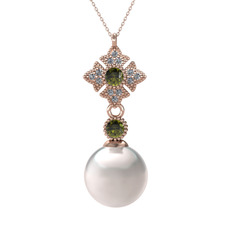 Teimei İnci Kolye - Inci, peridot ve pırlanta 8 ayar rose altın kolye (0.1056 karat, 40 cm rose altın rolo zincir) #130gqio
