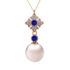 Pembe inci, lab safir ve beyaz zirkon 14 ayar rose altın kolye (40 cm gümüş rolo zincir)