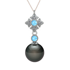 Siyah inci, akuamarin ve pırlanta 14 ayar beyaz altın kolye (0.1056 karat, 40 cm rose altın rolo zincir)