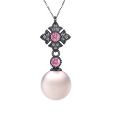 Pembe inci, pembe kuvars ve pırlanta 925 ayar siyah rodyum kaplama gümüş kolye (0.1056 karat, 40 cm gümüş rolo zincir)