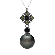 Teimei İnci Kolye - Siyah inci, siyah zirkon ve peridot 925 ayar siyah rodyum kaplama gümüş kolye (40 cm beyaz altın rolo zincir) #13iq1z4