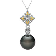 Siyah inci, beyaz zirkon ve sitrin 8 ayar beyaz altın kolye (40 cm beyaz altın rolo zincir)