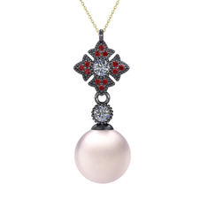 Teimei İnci Kolye - Pembe inci, pırlanta ve garnet 925 ayar siyah rodyum kaplama gümüş kolye (0.22 karat, 40 cm altın rolo zincir) #14qv6nd