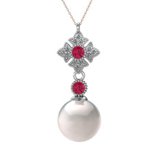 Inci, rodolit garnet ve pırlanta 8 ayar beyaz altın kolye (0.1056 karat, 40 cm rose altın rolo zincir)