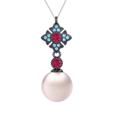 Pembe inci, rodolit garnet ve akuamarin 925 ayar siyah rodyum kaplama gümüş kolye (40 cm gümüş rolo zincir)