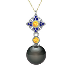 Teimei İnci Kolye - Siyah inci, sitrin ve lab safir 925 ayar gümüş kolye (40 cm altın rolo zincir) #1535vdn