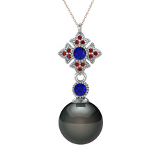 Teimei İnci Kolye - Siyah inci, lab safir ve garnet 14 ayar beyaz altın kolye (40 cm rose altın rolo zincir) #153ggw2