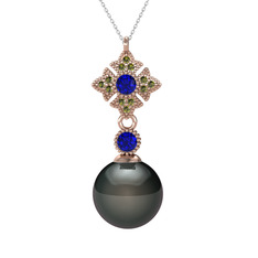Teimei İnci Kolye - Siyah inci, lab safir ve peridot 925 ayar rose altın kaplama gümüş kolye (40 cm beyaz altın rolo zincir) #1578x07