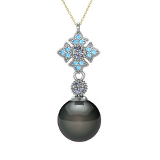 Teimei İnci Kolye - Siyah inci, pırlanta ve akuamarin 14 ayar beyaz altın kolye (0.22 karat, 40 cm altın rolo zincir) #15clvfm