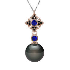 Siyah inci, lab safir ve siyah zirkon 14 ayar rose altın kolye (40 cm gümüş rolo zincir)