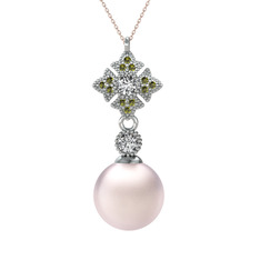 Pembe inci, beyaz zirkon ve peridot 8 ayar beyaz altın kolye (40 cm rose altın rolo zincir)