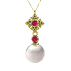 Teimei İnci Kolye - Inci, rodolit garnet ve peridot 8 ayar altın kolye (40 cm altın rolo zincir) #15soc5t