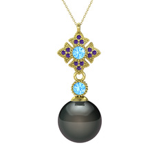 Teimei İnci Kolye - Siyah inci, akuamarin ve ametist 14 ayar altın kolye (40 cm altın rolo zincir) #161ooqs