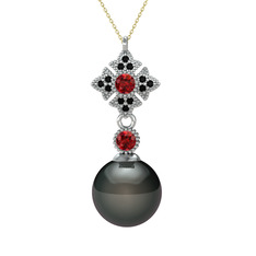 Teimei İnci Kolye - Siyah inci, garnet ve siyah zirkon 14 ayar beyaz altın kolye (40 cm altın rolo zincir) #166n889