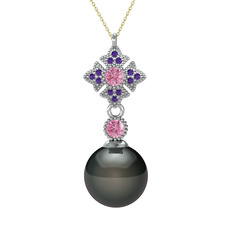 Teimei İnci Kolye - Siyah inci, pembe kuvars ve ametist 8 ayar beyaz altın kolye (40 cm altın rolo zincir) #16adnh6