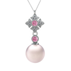 Teimei İnci Kolye - Pembe inci, pembe kuvars ve pırlanta 14 ayar beyaz altın kolye (0.1056 karat, 40 cm beyaz altın rolo zincir) #16bskkf