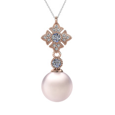 Pembe inci, pırlanta ve beyaz zirkon 8 ayar rose altın kolye (0.22 karat, 40 cm gümüş rolo zincir)