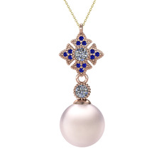 Teimei İnci Kolye - Pembe inci, pırlanta ve lab safir 14 ayar rose altın kolye (0.22 karat, 40 cm altın rolo zincir) #1756mcn