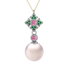 Teimei İnci Kolye - Pembe inci, pembe kuvars ve yeşil kuvars 925 ayar gümüş kolye (40 cm altın rolo zincir) #17v531l
