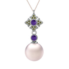 Teimei İnci Kolye - Pembe inci, ametist ve peridot 8 ayar beyaz altın kolye (40 cm rose altın rolo zincir) #18059or
