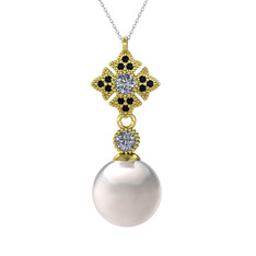 Teimei İnci Kolye - Inci, pırlanta ve siyah zirkon 925 ayar altın kaplama gümüş kolye (0.22 karat, 40 cm beyaz altın rolo zincir) #18lwj1q