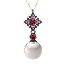 Teimei İnci Kolye - Inci, garnet ve pembe kuvars 925 ayar siyah rodyum kaplama gümüş kolye (40 cm altın rolo zincir) #18m775g