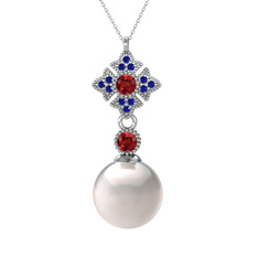 Teimei İnci Kolye - Inci, garnet ve lab safir 925 ayar gümüş kolye (40 cm gümüş rolo zincir) #18syg37