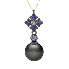 Teimei İnci Kolye - Siyah inci, pırlanta ve ametist 925 ayar siyah rodyum kaplama gümüş kolye (0.22 karat, 40 cm altın rolo zincir) #18zfpwe