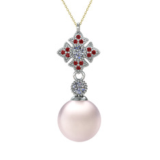 Teimei İnci Kolye - Pembe inci, pırlanta ve garnet 14 ayar beyaz altın kolye (0.22 karat, 40 cm altın rolo zincir) #195cy5r