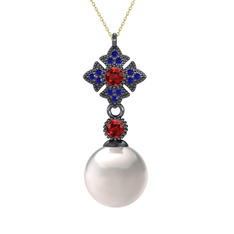 Inci, garnet ve lab safir 925 ayar siyah rodyum kaplama gümüş kolye (40 cm gümüş rolo zincir)