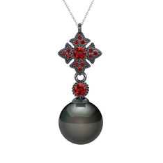 Teimei İnci Kolye - Siyah inci ve garnet 925 ayar siyah rodyum kaplama gümüş kolye (40 cm gümüş rolo zincir) #19j3mf5