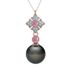 Teimei İnci Kolye - Siyah inci, pembe kuvars ve akuamarin 8 ayar rose altın kolye (40 cm beyaz altın rolo zincir) #19jbwyt