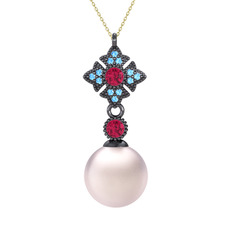 Teimei İnci Kolye - Pembe inci, rodolit garnet ve akuamarin 925 ayar siyah rodyum kaplama gümüş kolye (40 cm altın rolo zincir) #19o2tls