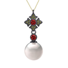 Teimei İnci Kolye - Inci, garnet ve peridot 925 ayar siyah rodyum kaplama gümüş kolye (40 cm altın rolo zincir) #19ptwh3