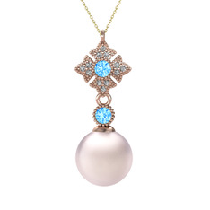 Pembe inci, akuamarin ve beyaz zirkon 14 ayar rose altın kolye (40 cm altın rolo zincir)