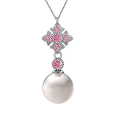 Teimei İnci Kolye - Inci ve pembe kuvars 8 ayar beyaz altın kolye (40 cm gümüş rolo zincir) #1aam1eu