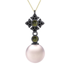 Pembe inci, peridot ve siyah zirkon 925 ayar siyah rodyum kaplama gümüş kolye (40 cm altın rolo zincir)
