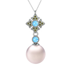 Teimei İnci Kolye - Pembe inci, akuamarin ve peridot 8 ayar beyaz altın kolye (40 cm beyaz altın rolo zincir) #1azabl9