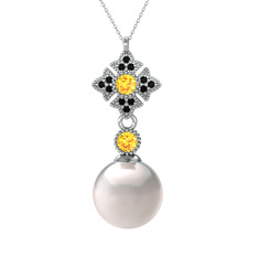 Teimei İnci Kolye - Inci, sitrin ve siyah zirkon 14 ayar beyaz altın kolye (40 cm beyaz altın rolo zincir) #1bf78dt