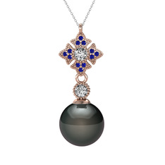 Teimei İnci Kolye - Siyah inci, beyaz zirkon ve lab safir 8 ayar rose altın kolye (40 cm gümüş rolo zincir) #1bhn4ro
