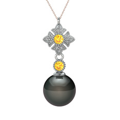Teimei İnci Kolye - Siyah inci, sitrin ve beyaz zirkon 14 ayar beyaz altın kolye (40 cm rose altın rolo zincir) #1bmp0r2