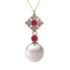 Teimei İnci Kolye - Inci, rodolit garnet ve pırlanta 925 ayar rose altın kaplama gümüş kolye (0.1056 karat, 40 cm altın rolo zincir) #1bsrn5m