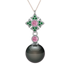 Teimei İnci Kolye - Siyah inci, pembe kuvars ve yeşil kuvars 14 ayar beyaz altın kolye (40 cm rose altın rolo zincir) #1bve9lm
