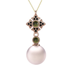 Teimei İnci Kolye - Pembe inci, peridot ve siyah zirkon 8 ayar rose altın kolye (40 cm altın rolo zincir) #1bw9cw6