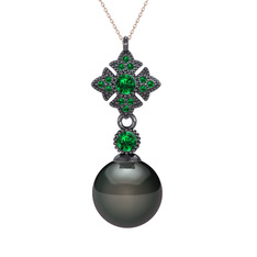 Teimei İnci Kolye - Siyah inci ve yeşil kuvars 925 ayar siyah rodyum kaplama gümüş kolye (40 cm rose altın rolo zincir) #1c0p09