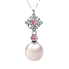 Pembe inci, pembe kuvars ve beyaz zirkon 14 ayar beyaz altın kolye (40 cm rose altın rolo zincir)