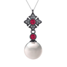 Teimei İnci Kolye - Inci, rodolit garnet ve pırlanta 925 ayar siyah rodyum kaplama gümüş kolye (0.1056 karat, 40 cm beyaz altın rolo zincir) #1cltnhr